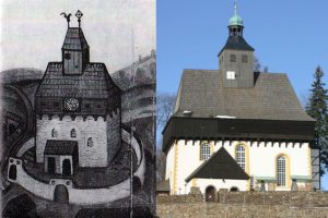 Die Wehrkirche von Großrückerswalde: links Darstellung 1583, rechts aktuelle Aufnahme. Quelle: Wikimedia Commons