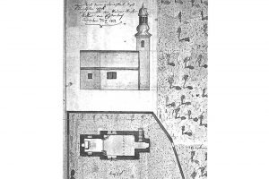 Grundriss und Ansicht der Kirche des Neustädterhofs 1812. Norden oben links. Quelle: Hartmann 2017