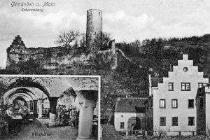 Diese Ansichtskarte von Gemünden um 1910 wirbt mit einer gepflegten Einkehr im Burgkeller. Repro: Bruno Schneider