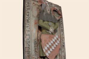 Konrad III. von Bickenbach († 1354), einer der größten Förderer Himmelthals, ließ sich in der Klosterkirche bestatten. Nachkolorierte Fotografie seines Epitaphs. Foto und Bearbeitung: Burglandschaft